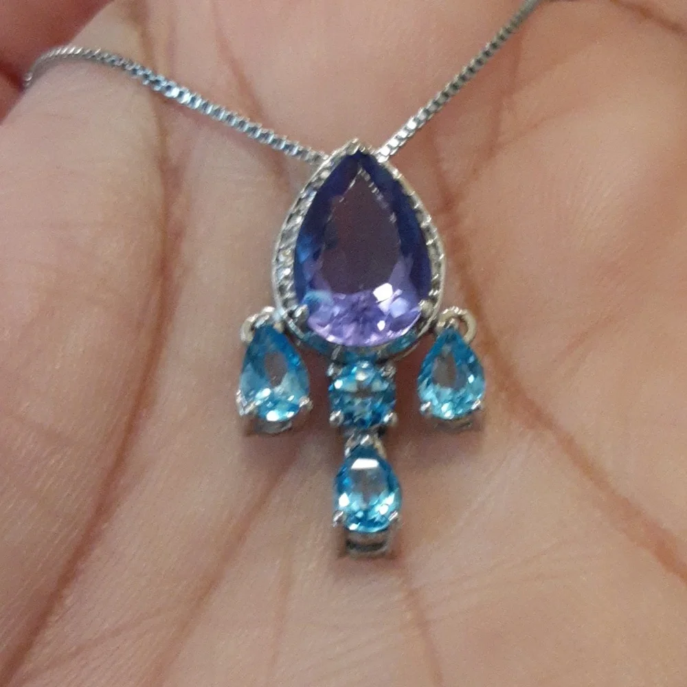925 Genuine Color Change Fluorite And Blue Topaz Slide Pendant. - Picture 3 of 3